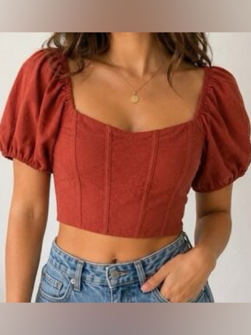 Rust Orange Puff-Sleeve Square-Neck Crop Top